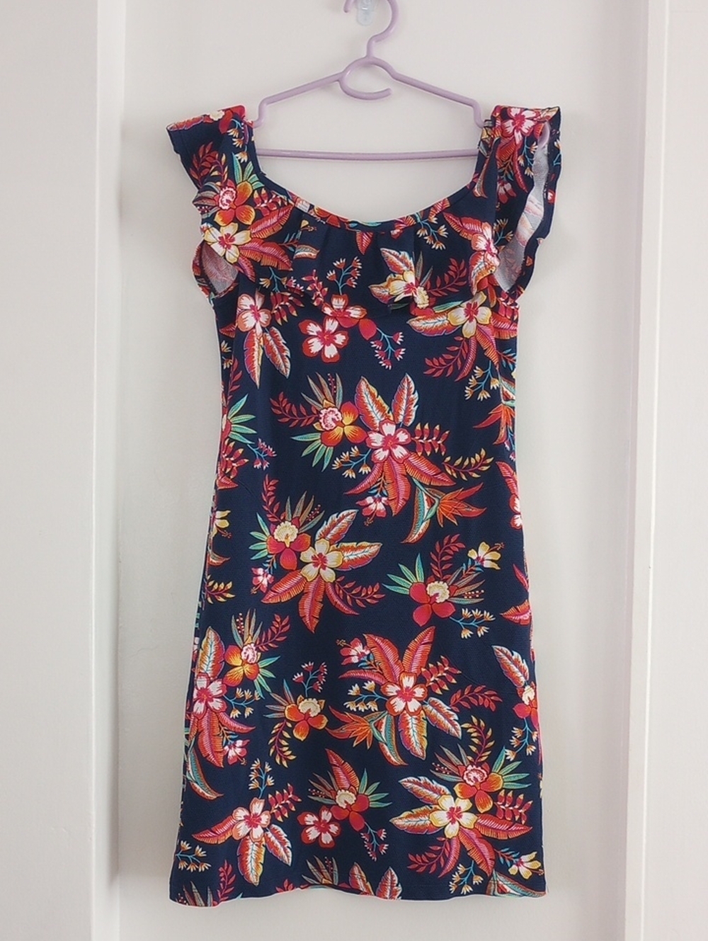 Tommy Bahama Navy Floral Ruffles Pockets Summer Vacation Tropical Dress XS
